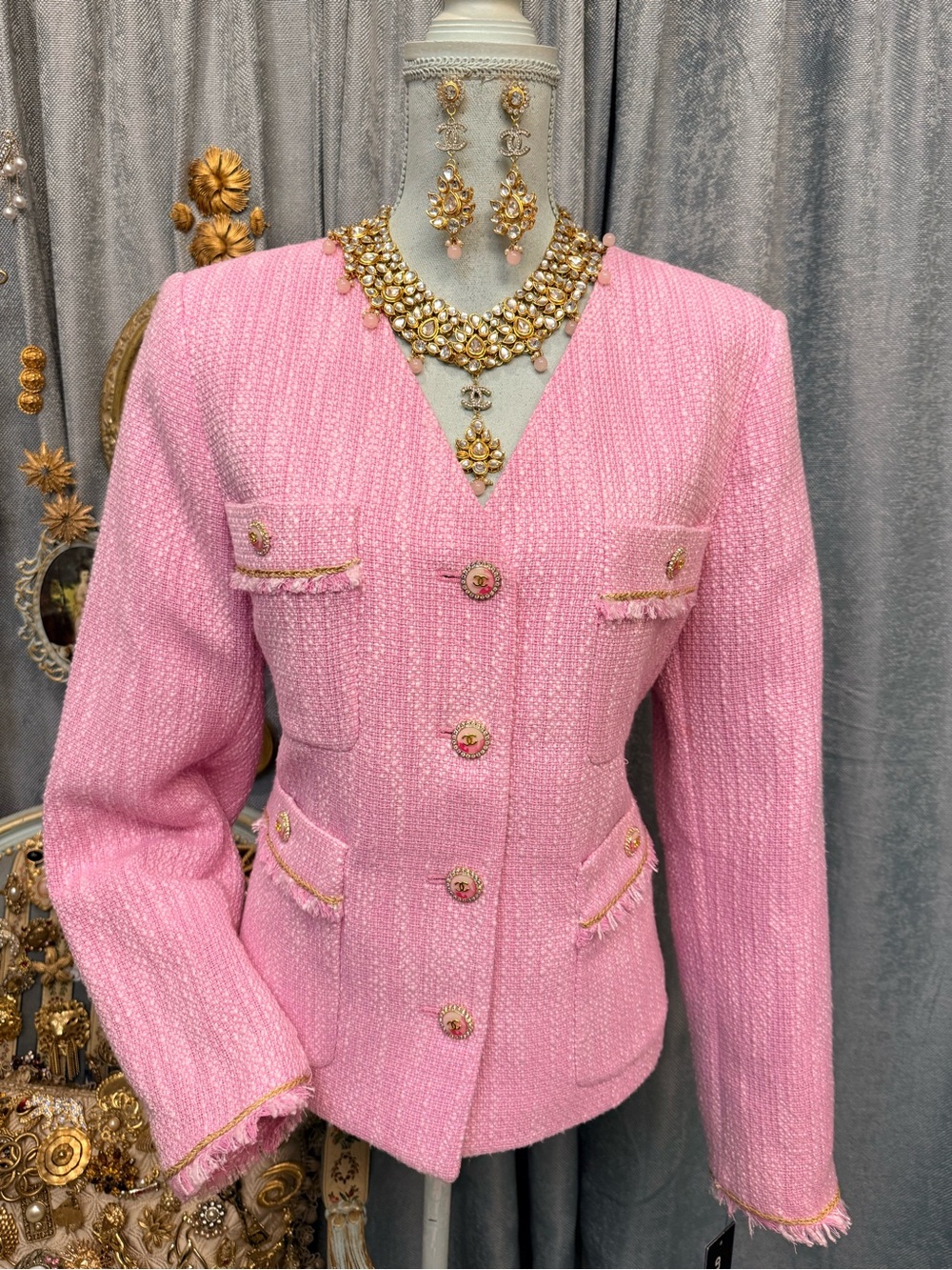 Karl Lagerfeld Pink Tweed V-Neck Blazer with Gold Buttons
